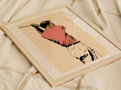 Golfer in Follow Through Poster | Pink and Cream Illustrative Art Print | Golf Wall Art — styled in an interior