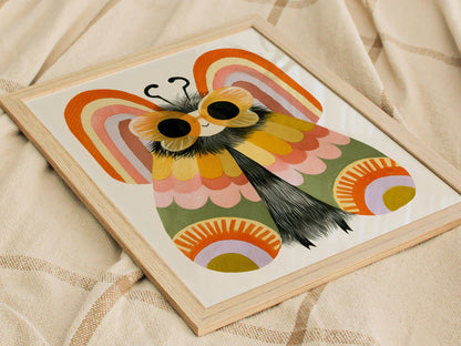 Moth Owns Rainbows Poster | Orange and Pink Illustrative Art Print | Kids Room Wall Art — styled in an interior