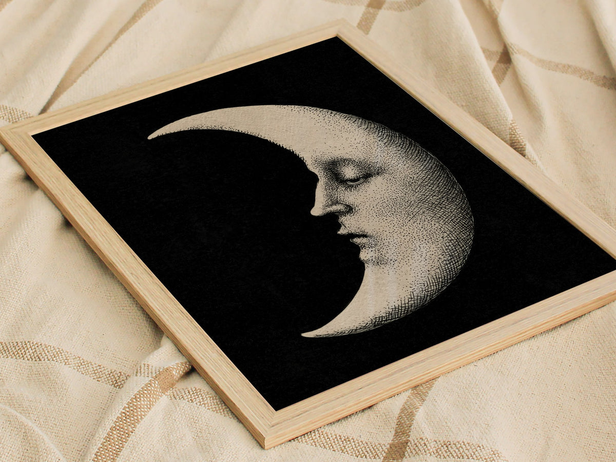Manuscript Moon Poster | Black and Cream Pen and Ink Art Print | Dark Academia Wall Art — styled in an interior