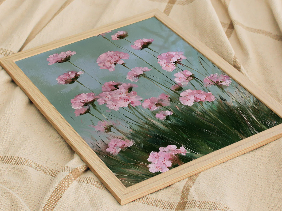 Thrift Blooms Sage Poster | Pink and Sage Oil Painting Art Print | Cottagecore Wall Art — styled in an interior