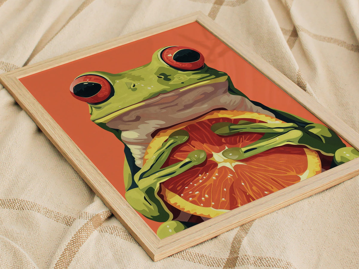 Frog with Orange Poster | Red and Green Flat Design Art Print | Kids Room Wall Art — styled in an interior