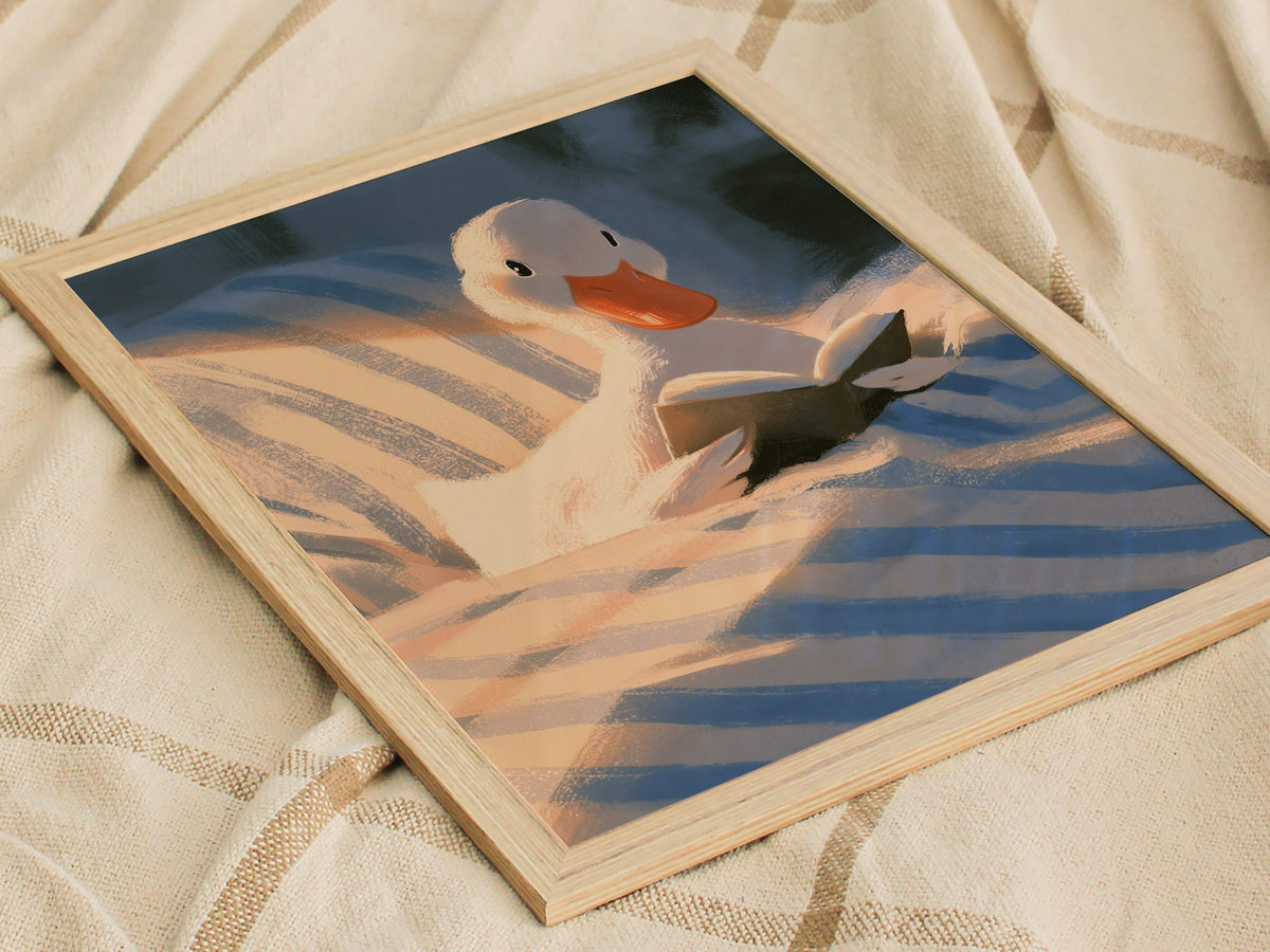 Duck Reads in Bed Poster | Soft Blue Illustrative Art Print | Kids Room Wall Art — styled in an interior