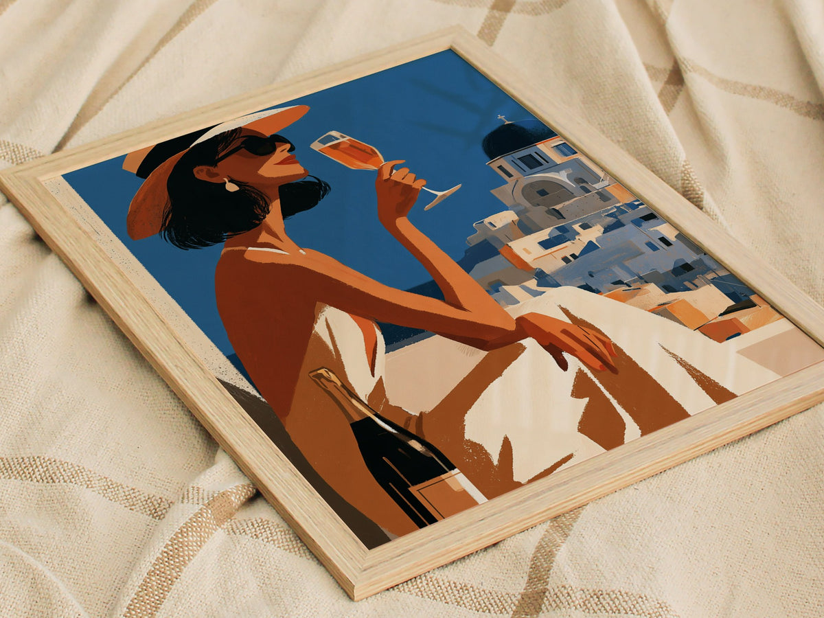 Woman Sips Santorini Poster | Terracotta and Cobalt Illustrative Art Print | Mediterranean Travel Wall Art — styled in an int