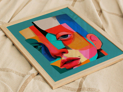 Split Face Mosaic Poster | Teal and Coral Illustrative Art Print | Modern Portrait Wall Art — styled in an interior
