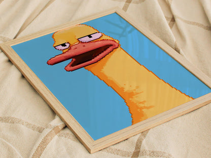 Tired Duck Portrait Poster | Pink and Yellow Pixel Art Print | Gaming Wall Art — styled in an interior