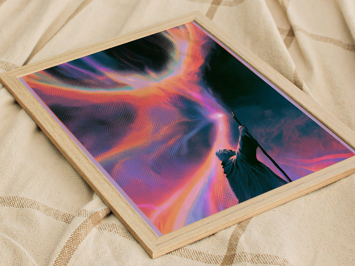 Wizard Channels Phoenix Poster | Cyan and Magenta Screen Print Art Print | Dark Fantasy Wall Art — styled in an interior