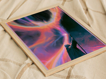 Wizard Channels Phoenix Poster | Cyan and Magenta Screen Print Art Print | Dark Fantasy Wall Art — styled in an interior