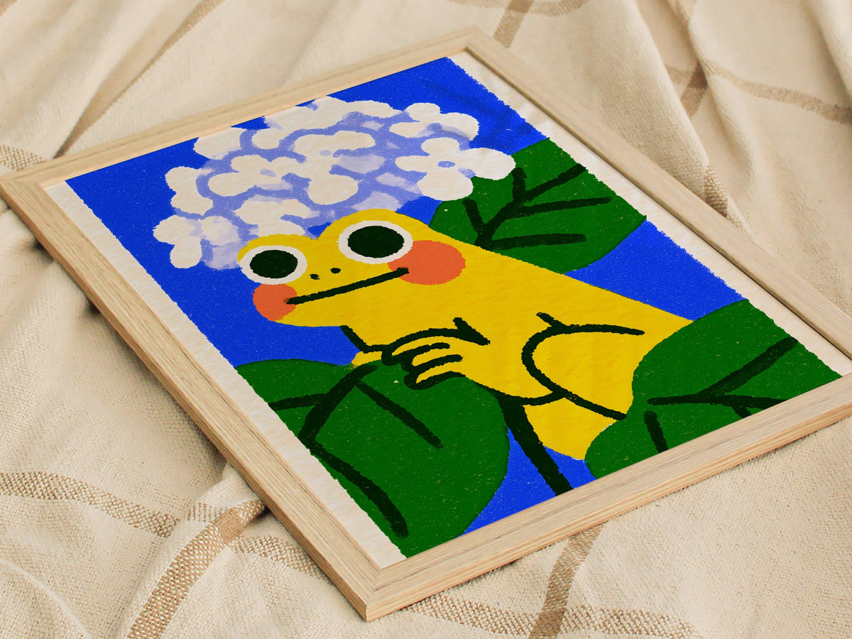 Toad with Hydrangeas Poster | Yellow and Periwinkle Illustrative Art Print | Kids Room Wall Art — styled in an interior