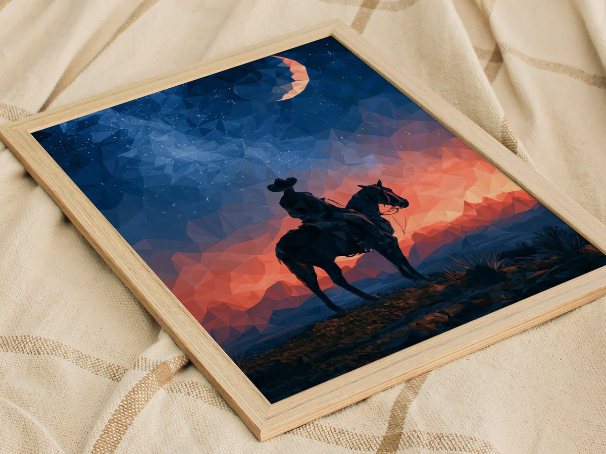 Cowboy Owns Night Poster | Deep Blue Low Poly Art Print | Western Modern Wall Art — styled in an interior