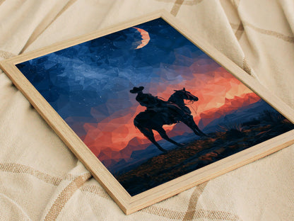 Cowboy Owns Night Poster | Deep Blue Low Poly Art Print | Western Modern Wall Art — styled in an interior
