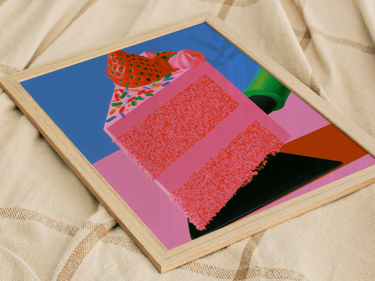 Frosted Layer Cake Poster | Pink and Cobalt Illustrative Art Print | Kitchen Wall Art — styled in an interior