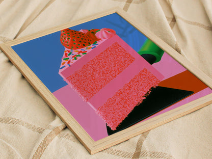 Frosted Layer Cake Poster | Pink and Cobalt Illustrative Art Print | Kitchen Wall Art — styled in an interior