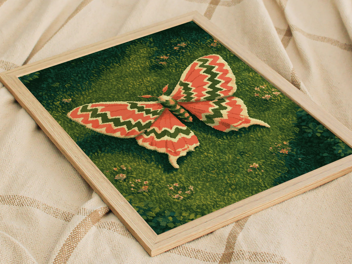 Moth Owns Chevron Poster | Coral and Olive Pixel Art Print | Retro Gaming Wall Art — styled in an interior