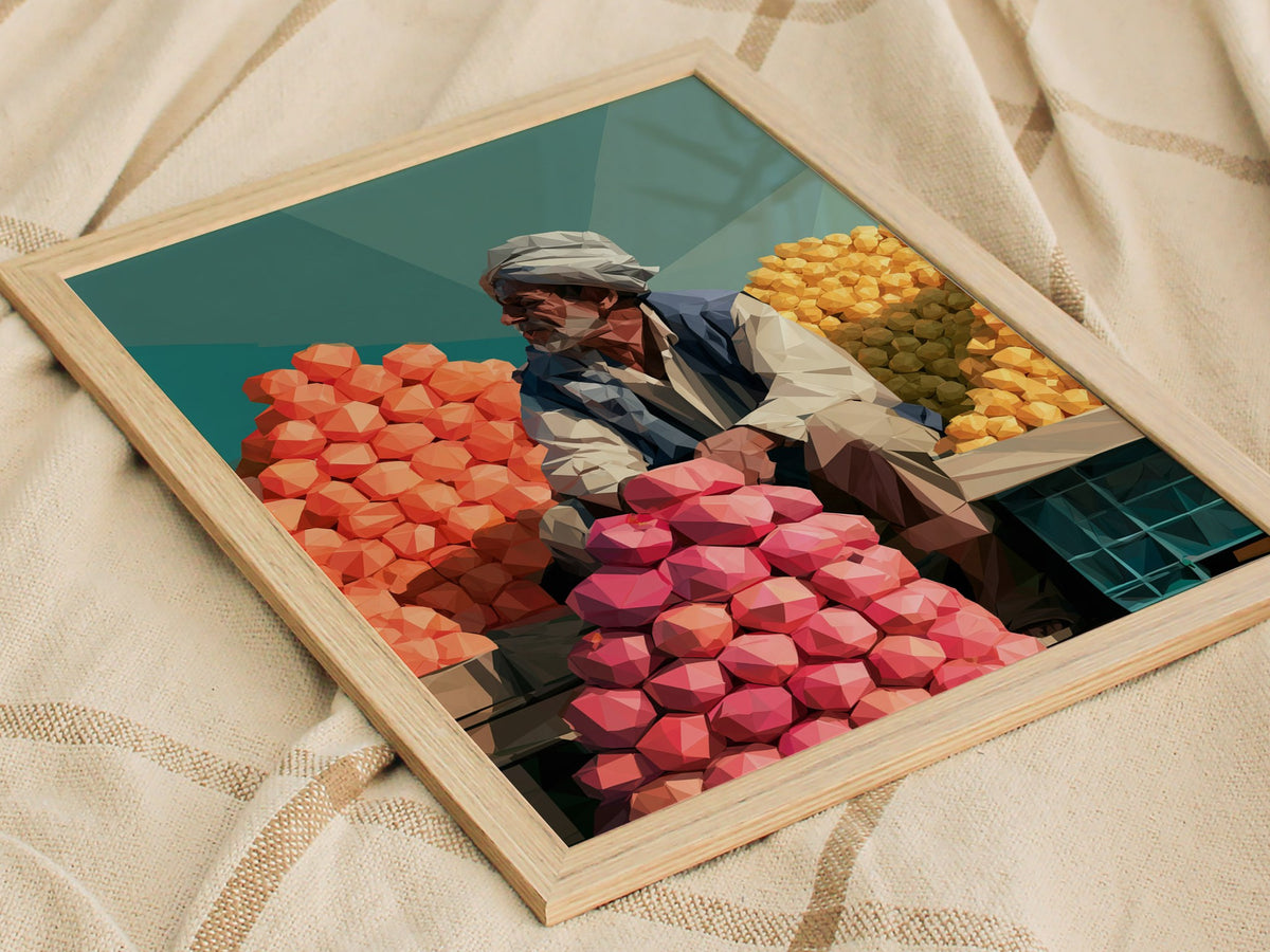 Fruit Seller Waits Poster | Navy and Hot Low Poly Art Print | Kitchen Wall Art — styled in an interior
