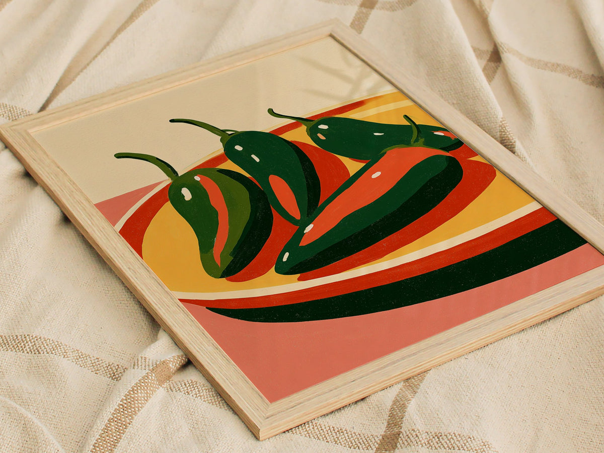 peppers-on-yellow-plate Poster | Yellow and Red Illustrative Art Print | Kitchen Wall Art — styled in an interior