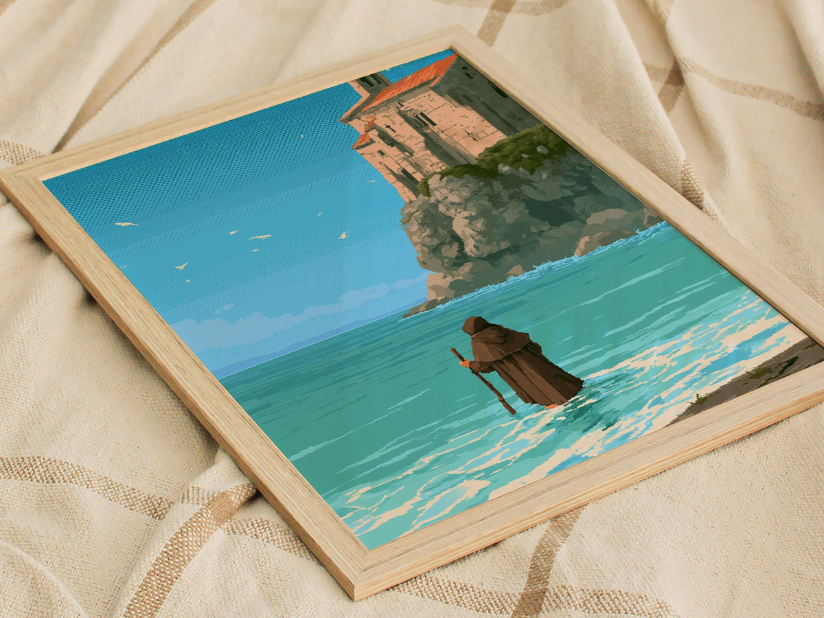 Pilgrim Touches Shore Poster | Turquoise and Earth Pixel Art Print | Retro Gaming Wall Art — styled in an interior