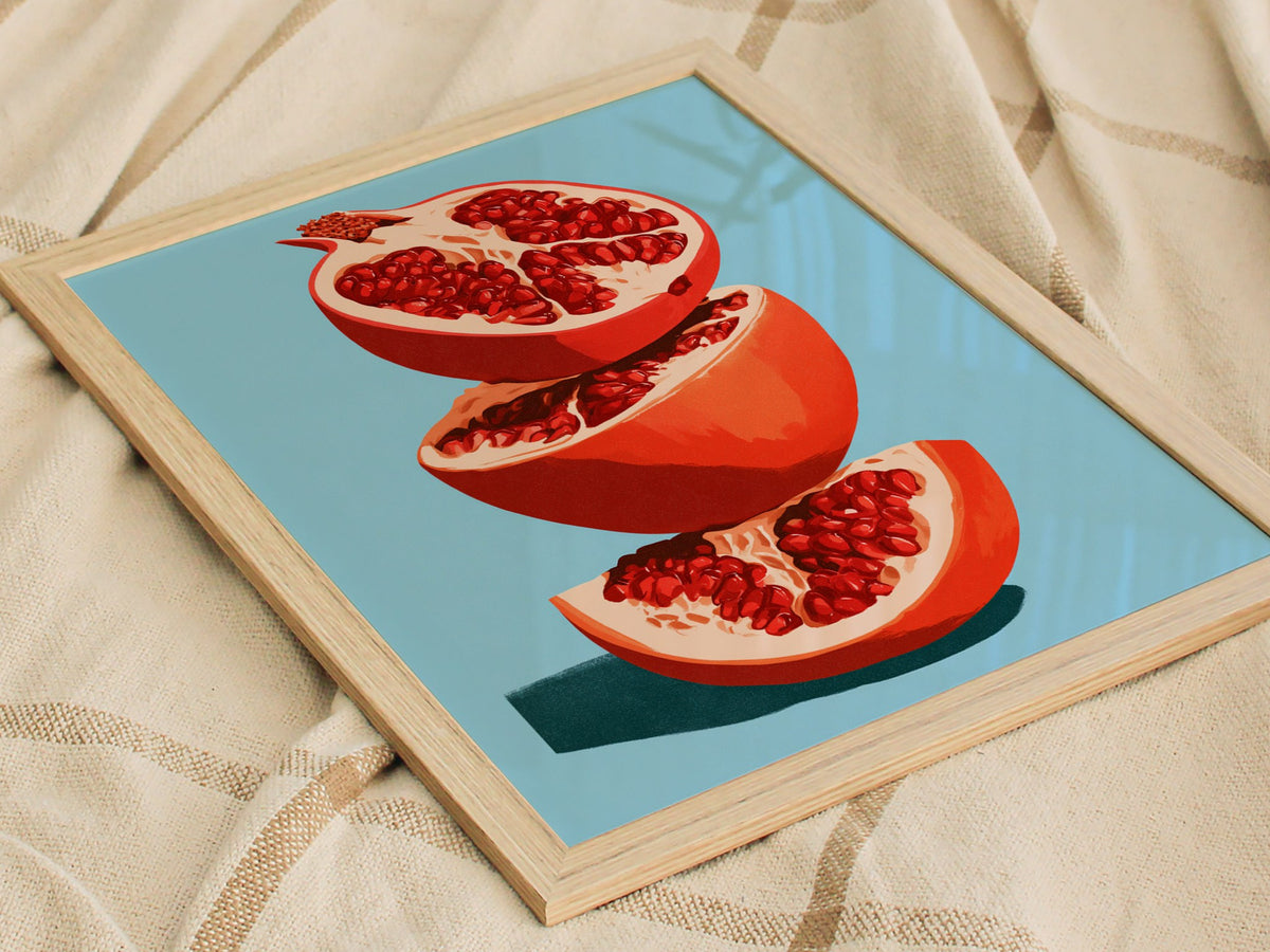Pomegranate Towers Poster | Navy and Hot Illustrative Art Print | Kitchen Wall Art — styled in an interior