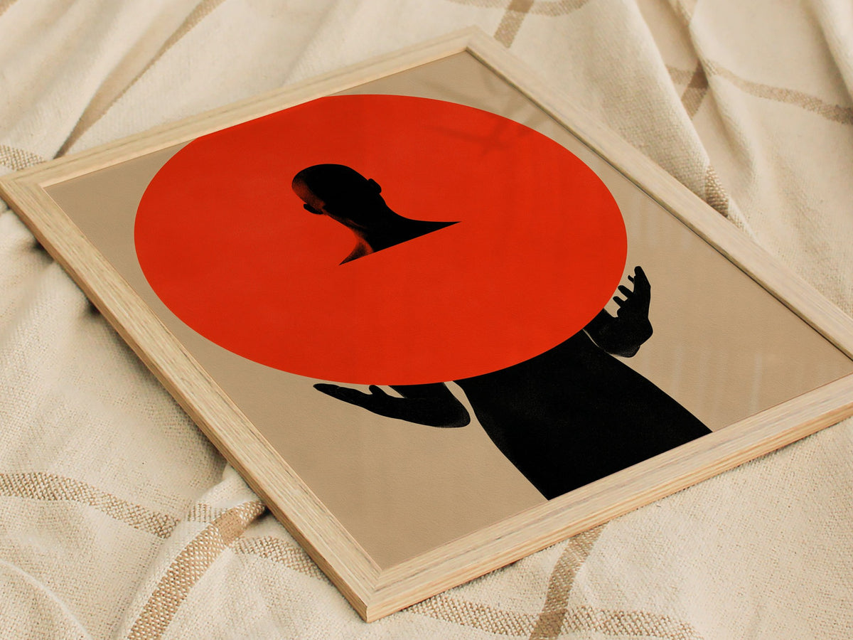 Figure Holding Geometry Poster | Coral and Black Minimalism Art Print | Minimalist Wall Art — styled in an interior