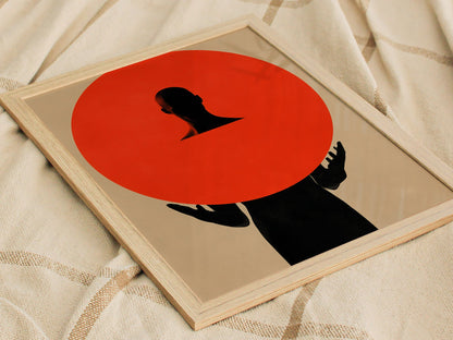 Figure Holding Geometry Poster | Coral and Black Minimalism Art Print | Minimalist Wall Art — styled in an interior