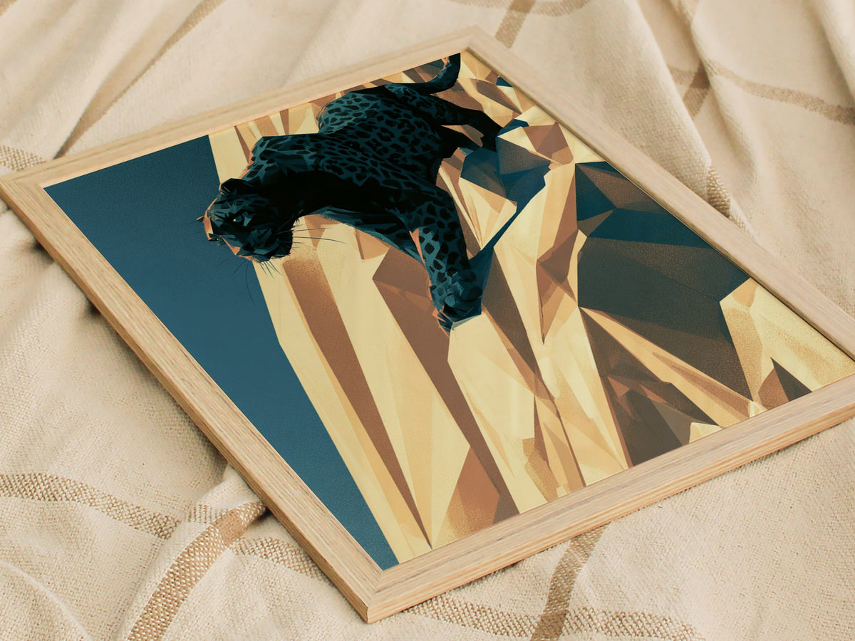 Panther Climbs Noon Poster | Teal and Black Low Poly Art Print | Dark Fantasy Wall Art — styled in an interior