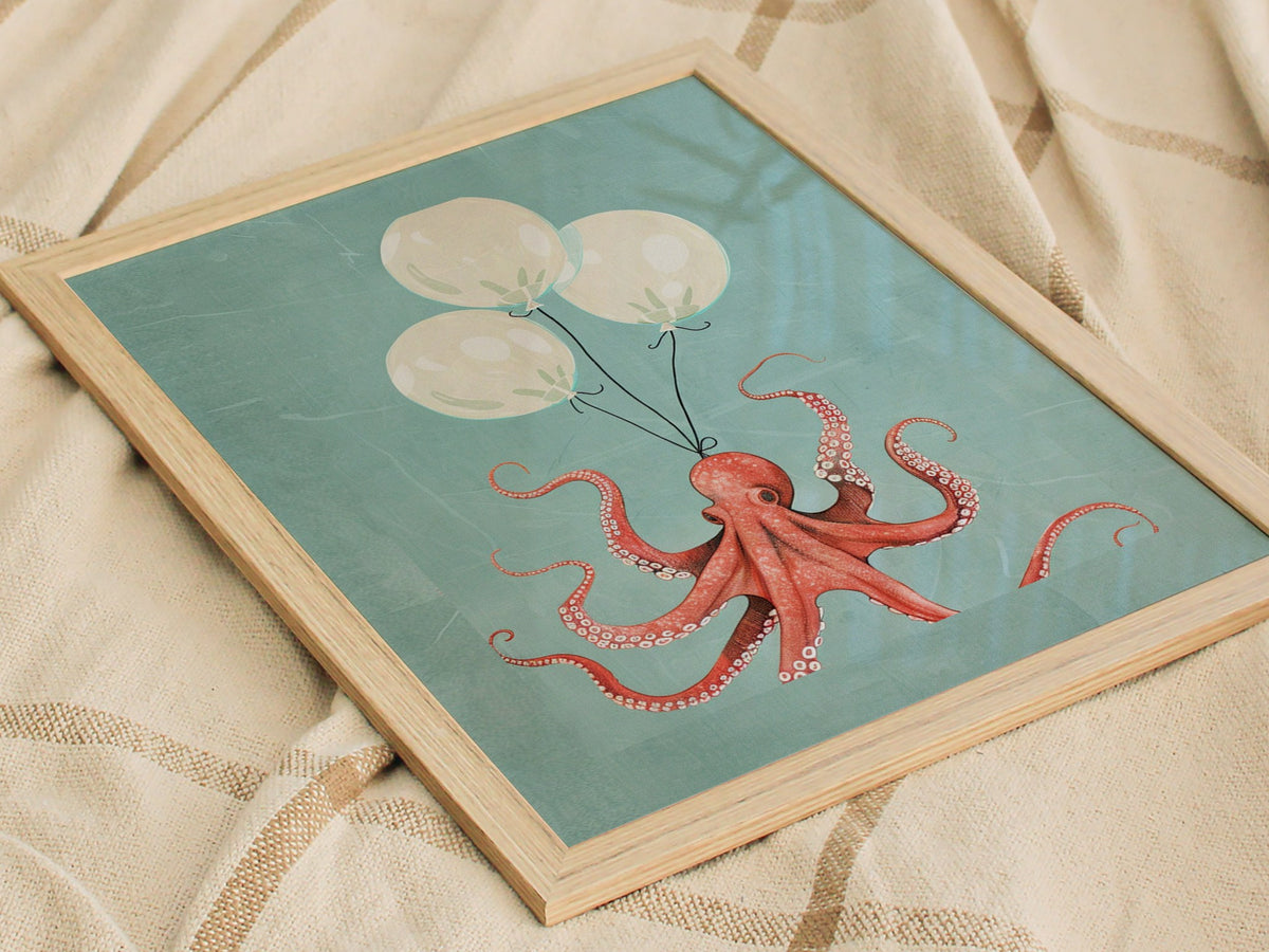 Balloon Octopus Poster | Coral and Teal Illustrative Art Print | Surrealist Wall Art — styled in an interior