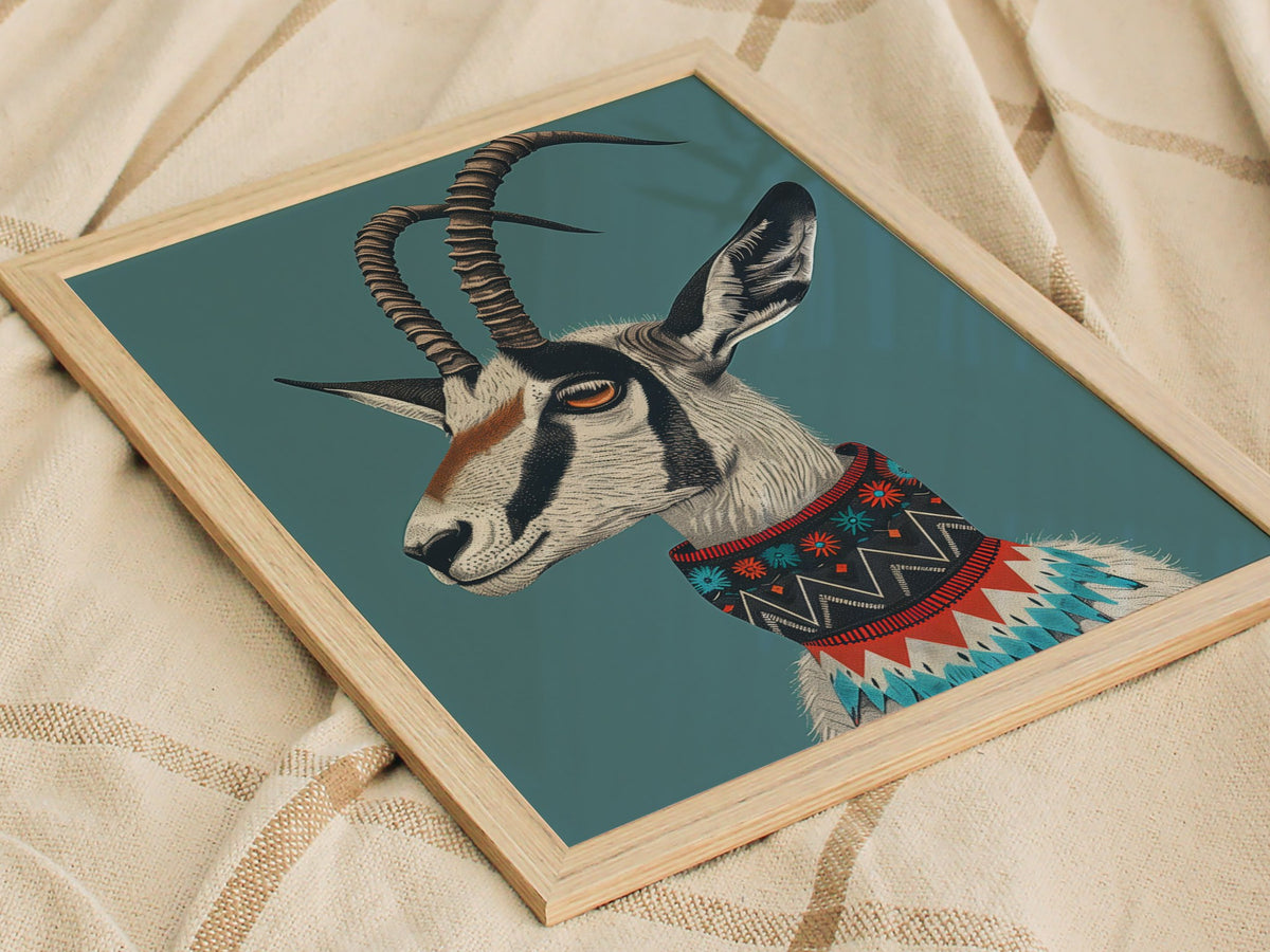 Gazelle Wears Collar Poster | Teal and Gray Illustrative Art Print | Modern Minimalist Wall Art — styled in an interior