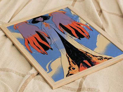 Figure Between Hands Poster | Coral and Periwinkle Illustrative Art Print | Art Deco Wall Art — styled in an interior