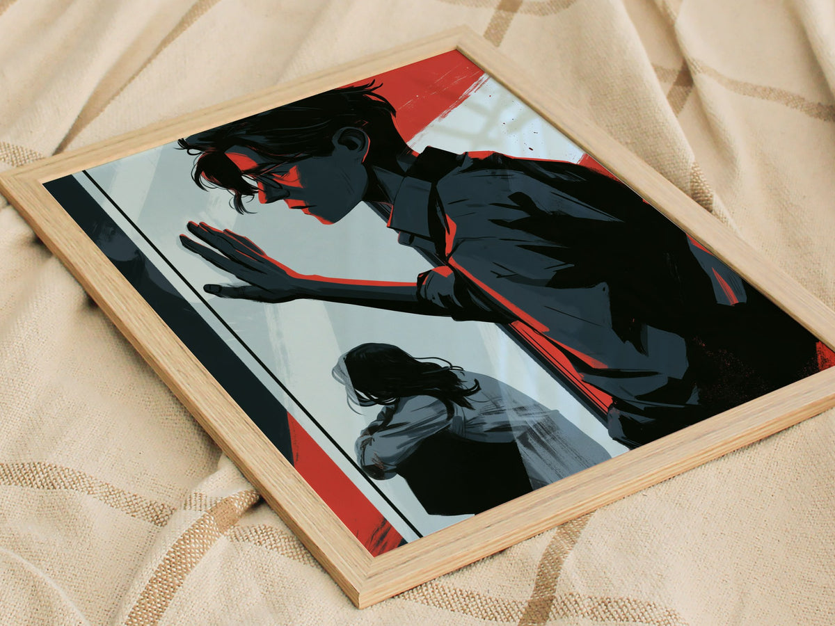 glass-divide Poster | Amber and Teal Illustrative Art Print | Dark Academia Wall Art — styled in an interior