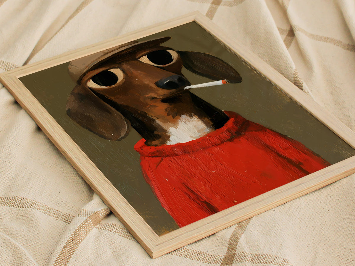 Dachshund In Red Poster | Red and Olive Oil Painting Art Print | Folk Art Wall Art — styled in an interior
