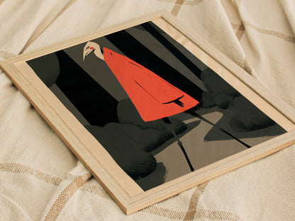 Heron Walks Alone Poster | Coral and Forest Illustrative Art Print | Surreal Wall Art — styled in an interior