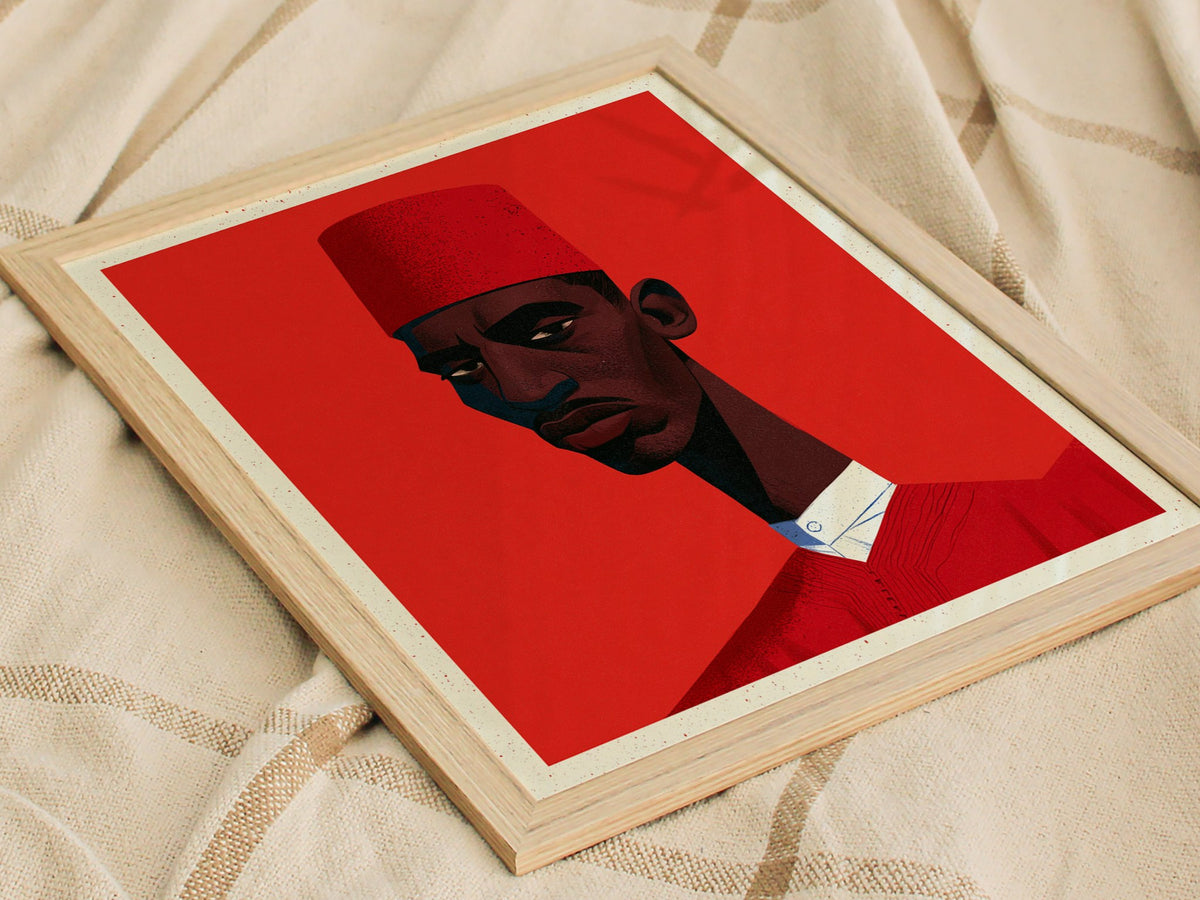 Man Wears Fez Poster | Red and Teal Illustrative Art Print | Retro Portrait Wall Art — styled in an interior