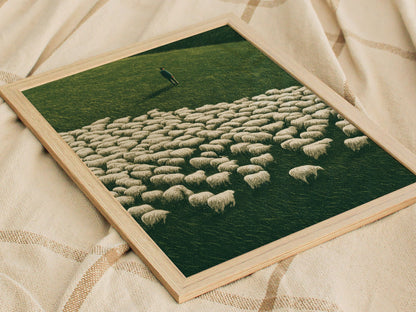 Shepherd Counts Flock Poster | Green and Cream Illustrative Art Print | Cottagecore Wall Art — styled in an interior