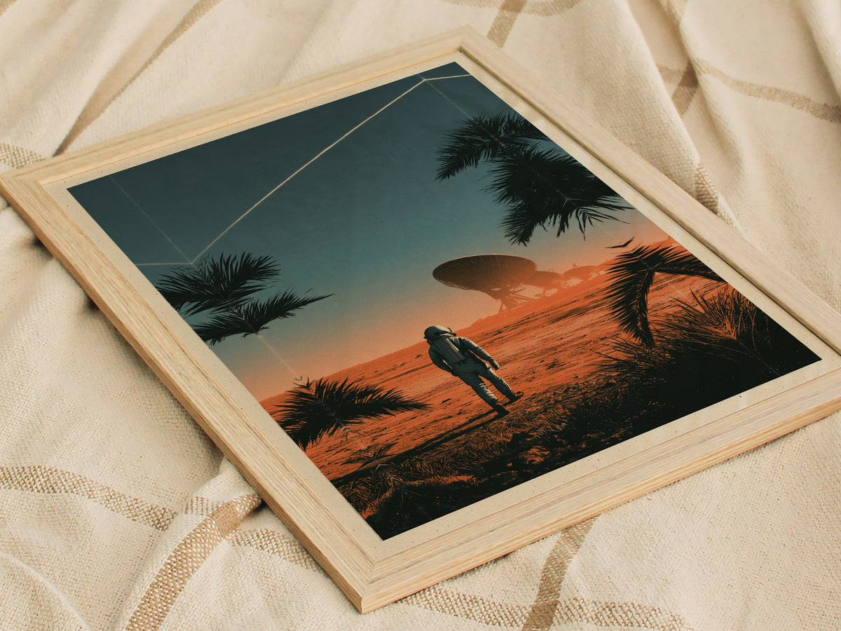Astronaut Walks Shore Poster | Turquoise and Coral Screen Print Art Print | Sci-Fi Wall Art — styled in an interior