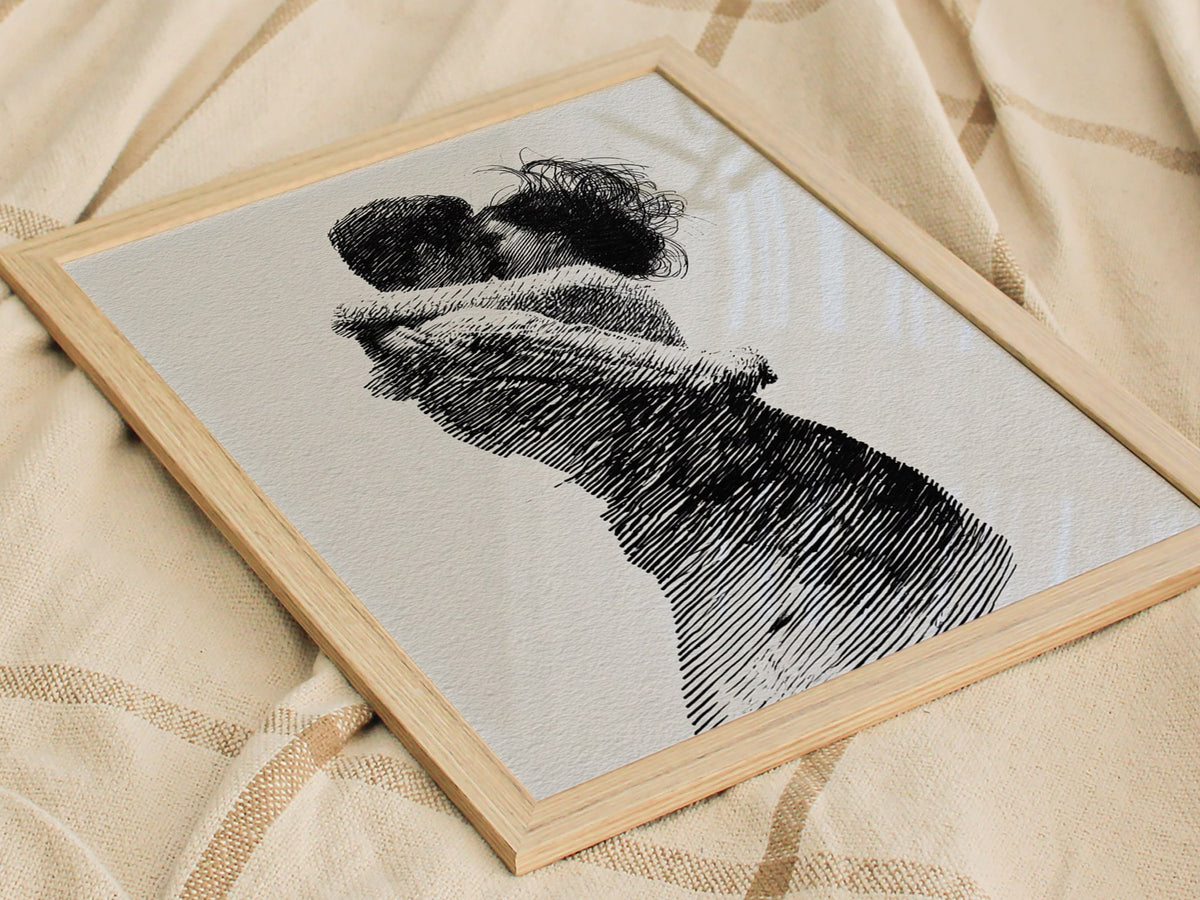 Lovers Almost Kiss Poster | Black and Cream Pen and Ink Art Print | Romantic Wall Art — styled in an interior