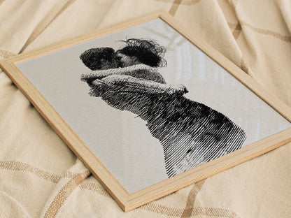 Lovers Almost Kiss Poster | Black and Cream Pen and Ink Art Print | Romantic Wall Art — styled in an interior