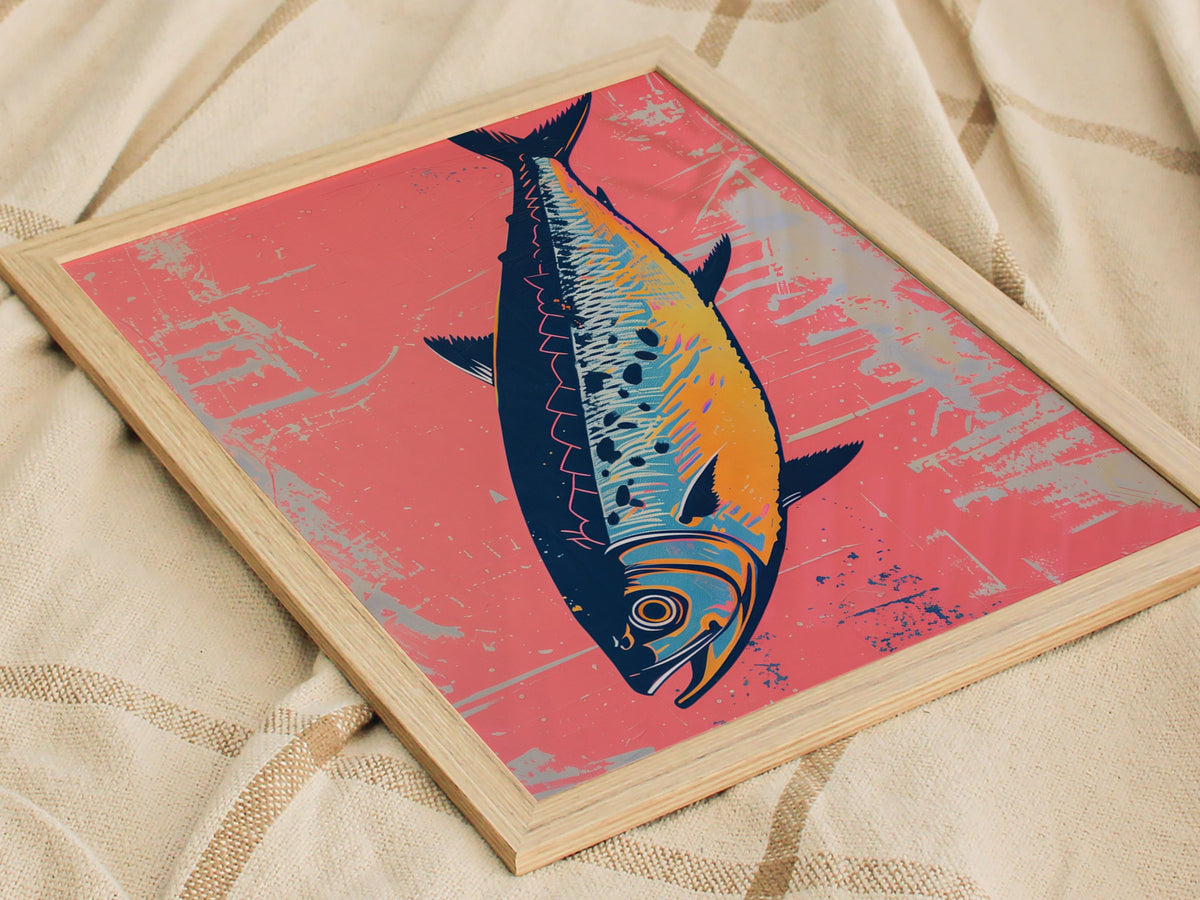 Sardine Tin on Pink Poster | Pink and Cobalt Screen Print Art Print | Kitchen Wall Art — styled in an interior