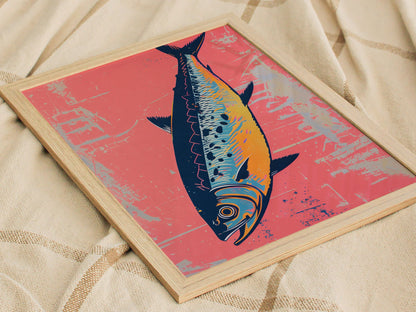 Sardine Tin on Pink Poster | Pink and Cobalt Screen Print Art Print | Kitchen Wall Art — styled in an interior
