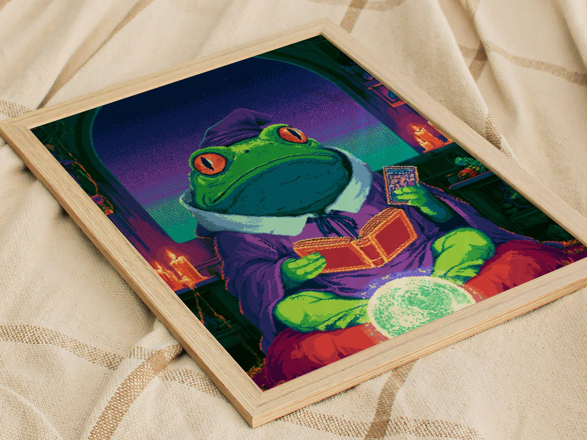 Frog Sees Fortune Poster | Purple and Teal Pixel Art Print | Dark Fantasy Wall Art — styled in an interior
