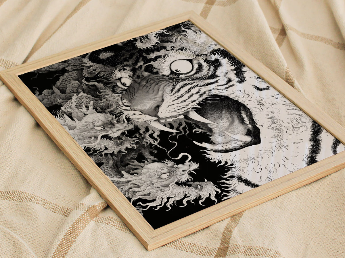 Tiger Plays Dragons Poster | Cream and Black Pen and Ink Art Print | Dark Fantasy Wall Art — styled in an interior