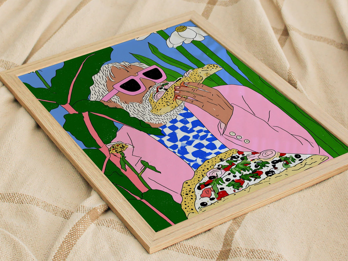 Pizza Garden Poster | Pink and Sky Illustrative Art Print | Surreal Kitchen Wall Art — styled in an interior