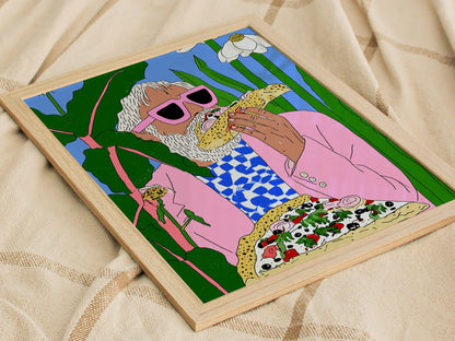 Pizza Garden Poster | Pink and Sky Illustrative Art Print | Surreal Kitchen Wall Art — styled in an interior