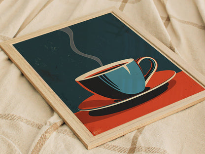 Cup and Saucer Poster | Cobalt and Coral Flat Design Art Print | Kitchen Wall Art — styled in an interior