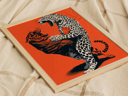 Leopard Battles Tiger Poster | Vermilion and Black Screen Print Art Print | Dark Fantasy Wall Art — styled in an interior