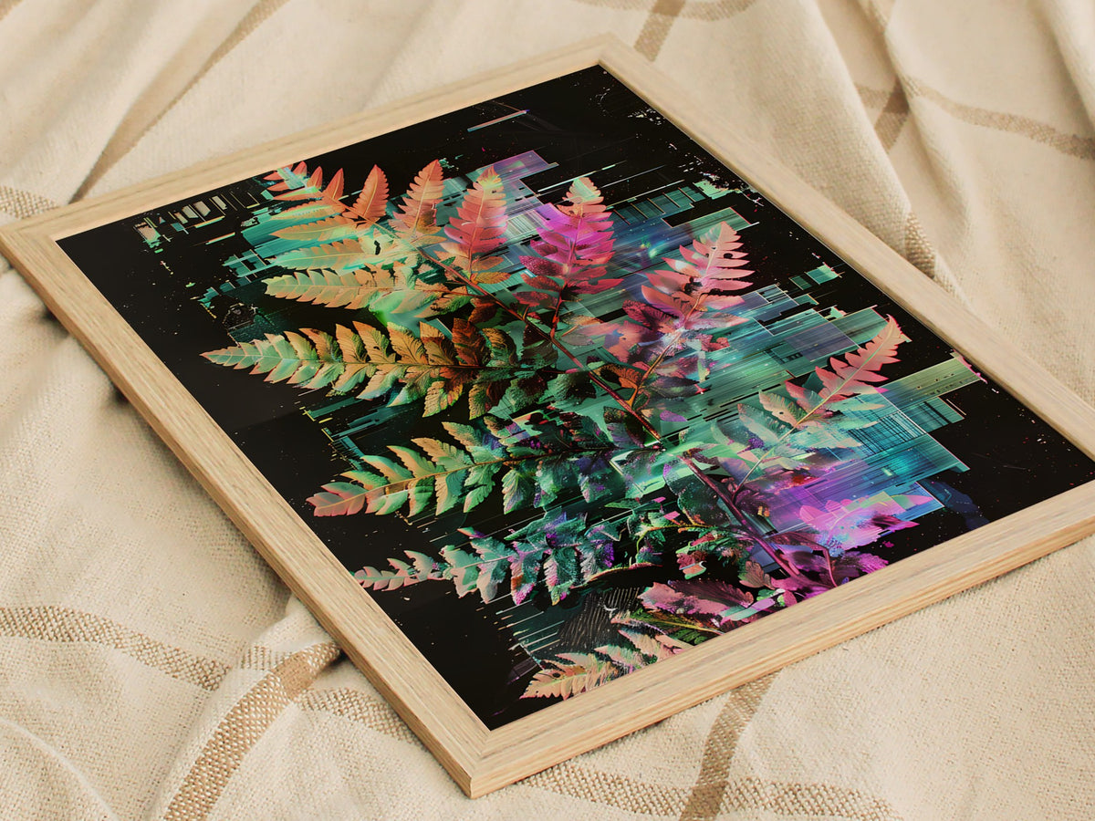 Glitch Fern Poster | Cyan and Magenta Abstract Art Print | Digital Art Wall Art — styled in an interior