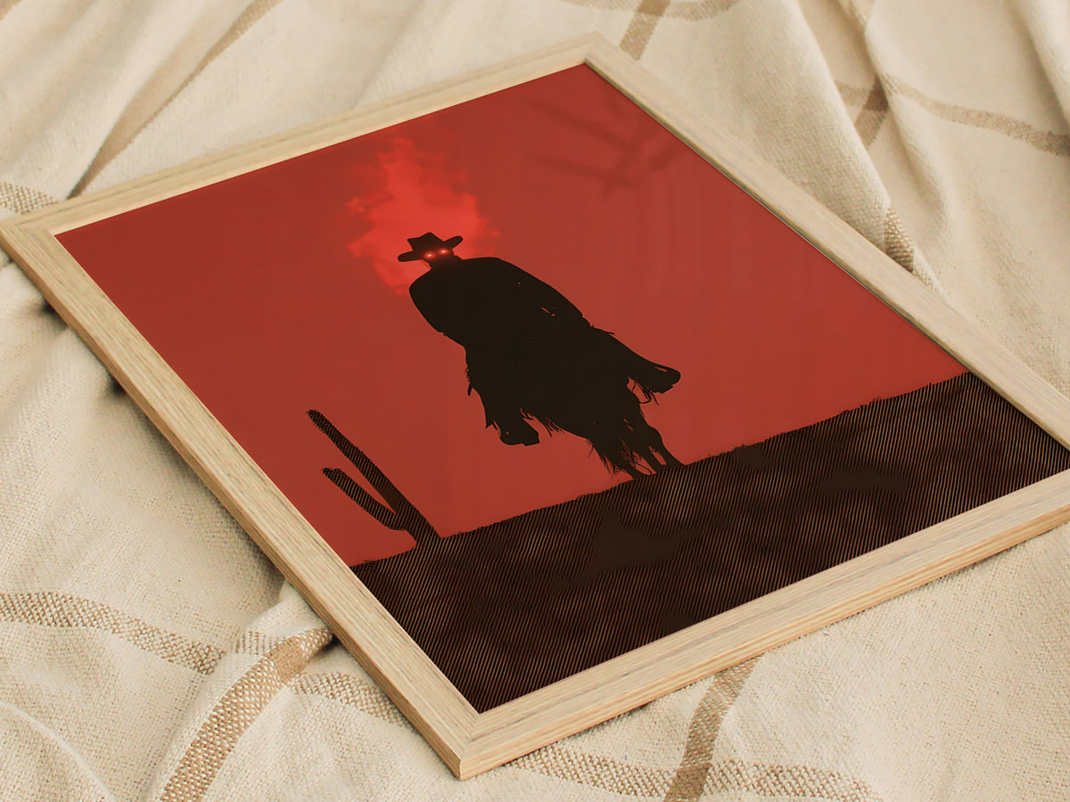 Burning Rider Poster | Coral and Slate Screen Print Art Print | Western Wall Art — styled in an interior