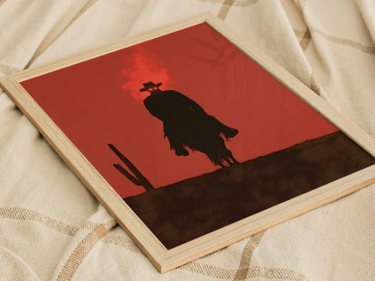 Burning Rider Poster | Coral and Slate Screen Print Art Print | Western Wall Art — styled in an interior