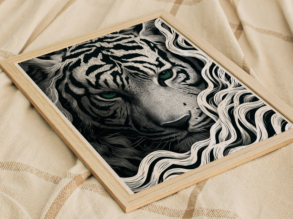 White Tiger Surfaces Poster | Black and Cream Pen and Ink Art Print | Dark Academia Wall Art — styled in an interior