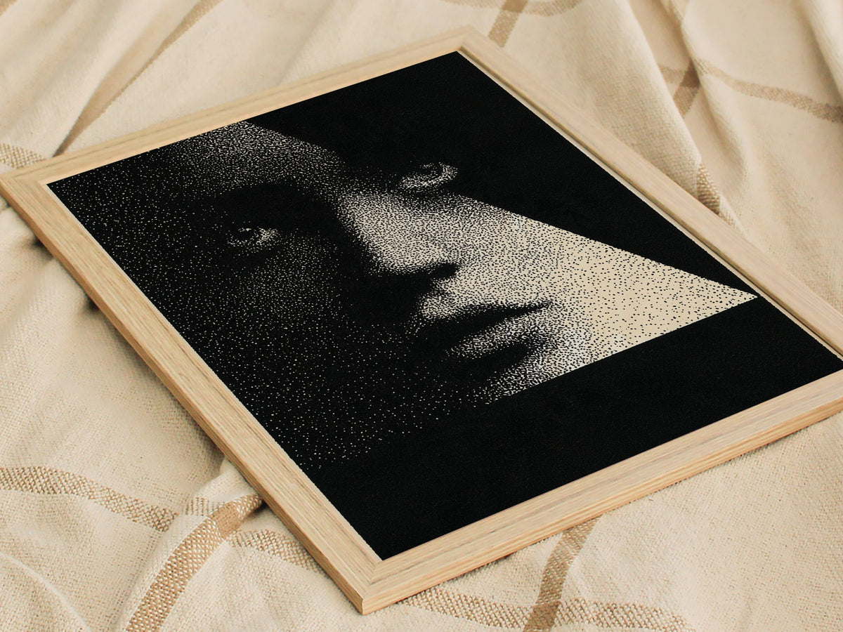 Face Emerging Light Poster | Black and Cream Pen and Ink Art Print | Dark Academia Wall Art — styled in an interior