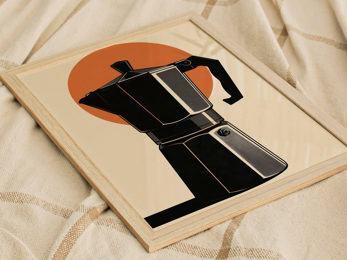 Espresso Machine Icon Poster | Burnt Orange Minimalism Art Print | Kitchen Wall Art — styled in an interior