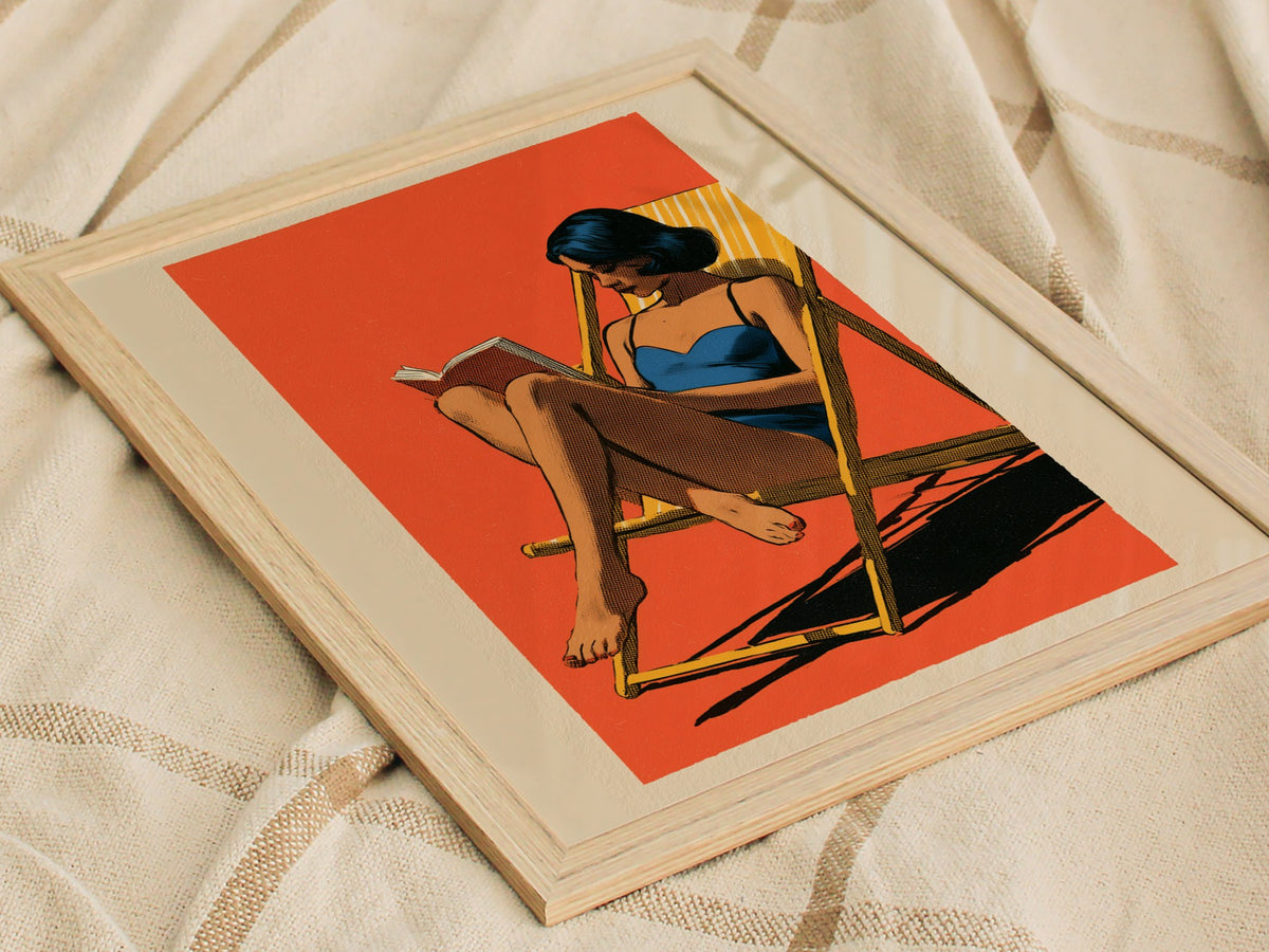 Deck Chair Reader Poster | Yellow Blue Coral Screen Print Art Print | Beach House Wall Art — styled in an interior
